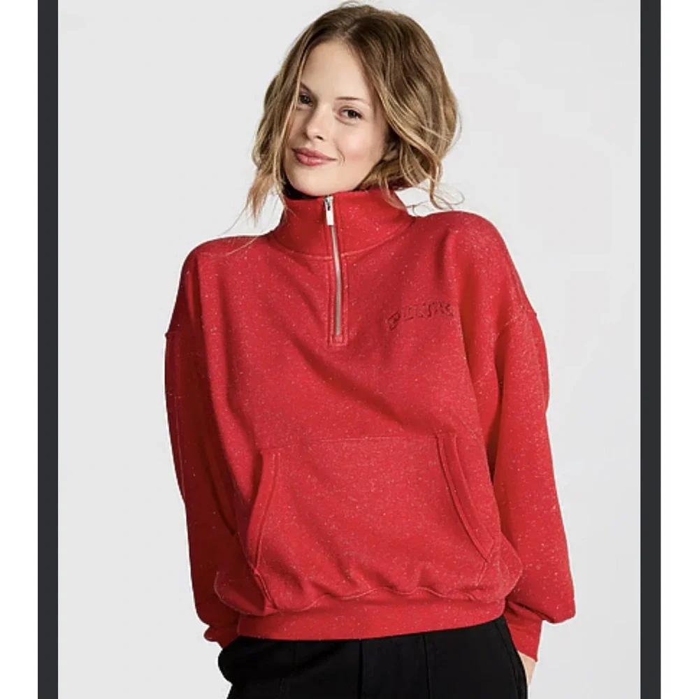 PINK Victoria's Secret Red Fleece Quarter Zip Sweatshirt Love Pink S glitter